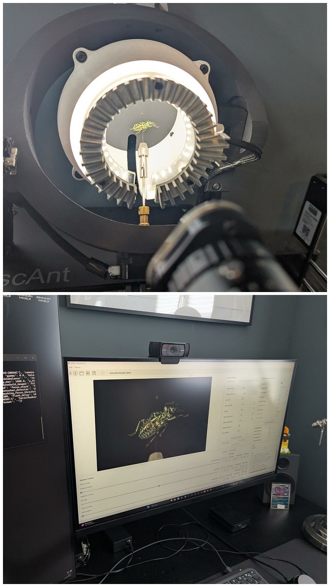 Auf dem oberen Bild ist ein Mikroscanner zu sehen, in dem ein kleines präpariertes Insekt im innern gescannt wird und auf dem unteren Bild ist der Scan auf einem Bildschirm abgebildet.