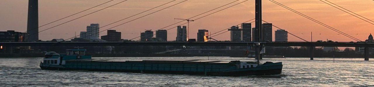 Auf dem Foto sieht man das Düsseldorfer Rheinufer beim Sonnenuntergang. Ein Schiff fährt vorbei (Foto: Anja Händel)