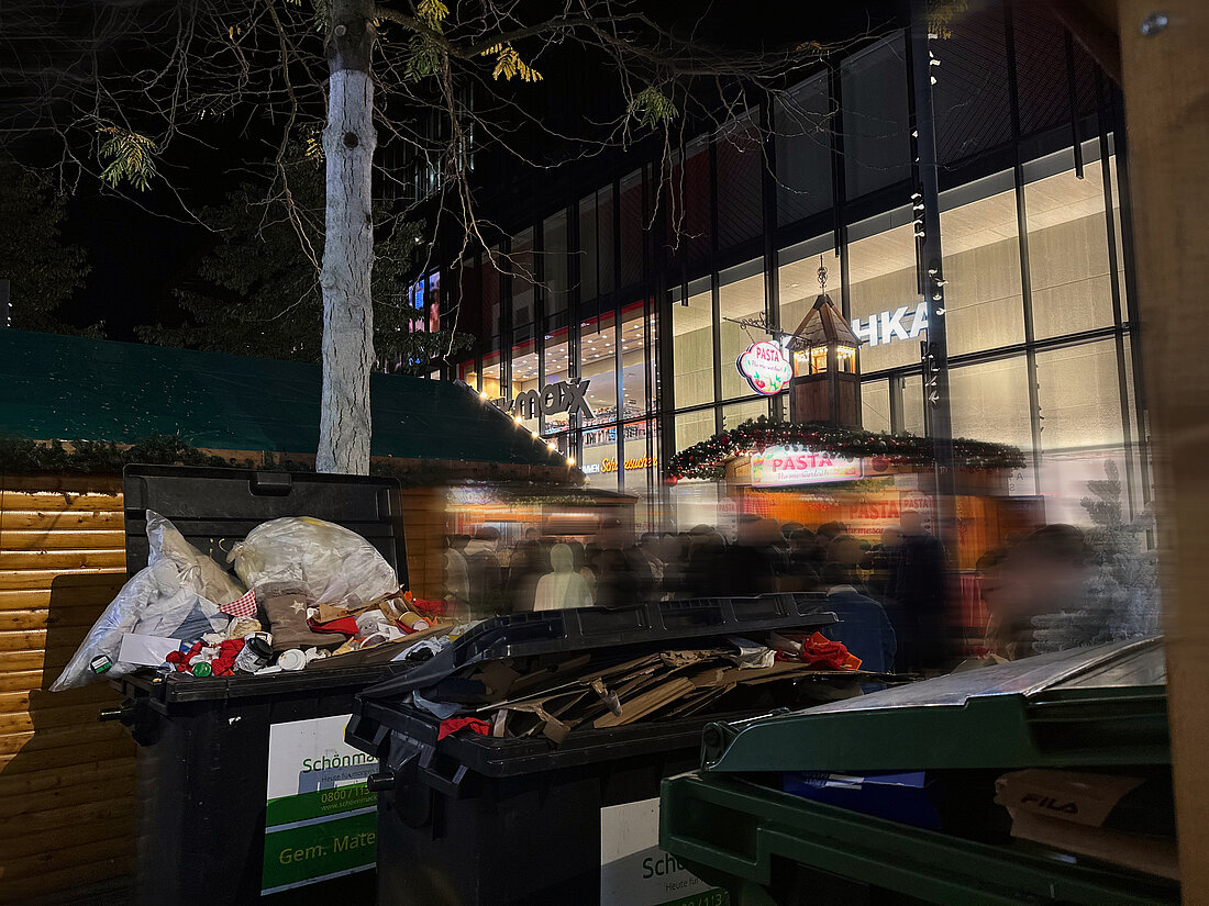 Auf dem Bild sieht man überfüllte Mülltonnen an der Schadowstraße (Foto: Lieselotte Hahn)