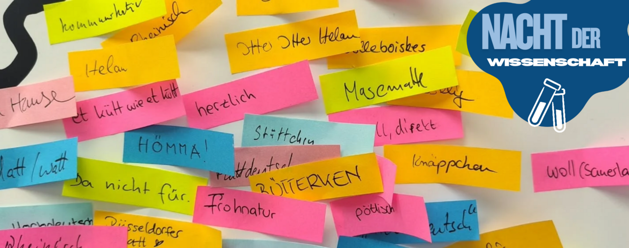 Auf dem Bild sind bunte Post-its mit Wörtern aus deutschen Dialekten zu sehen.