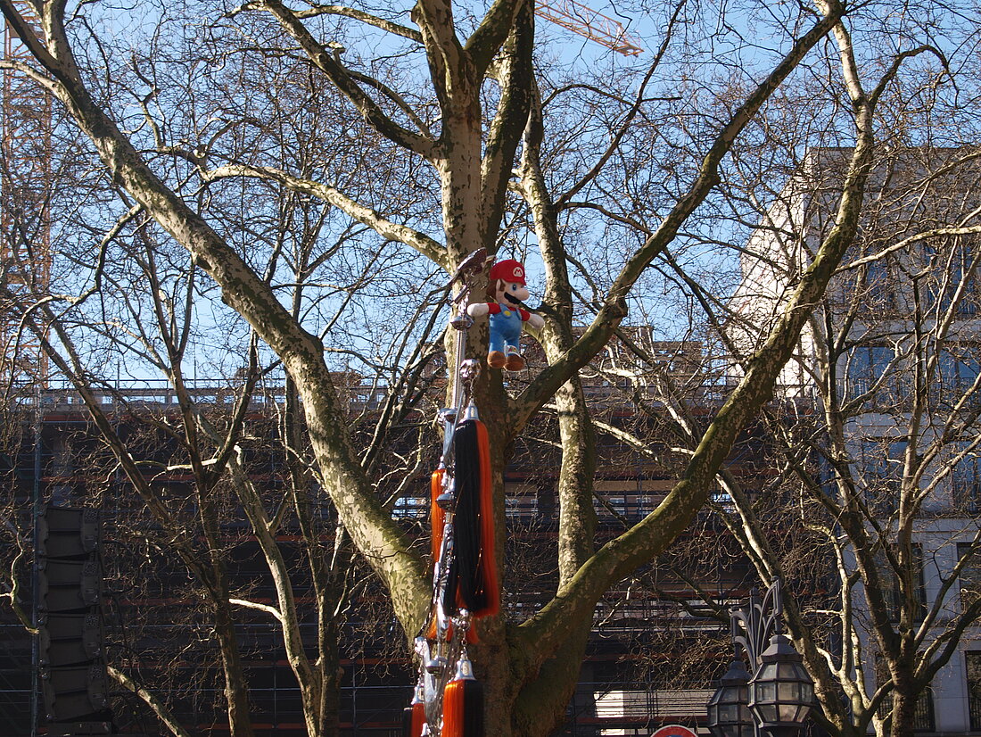 Ein Super-Mario Stofftier wird auf einem spitzen Stab in die höhe gehalten.
