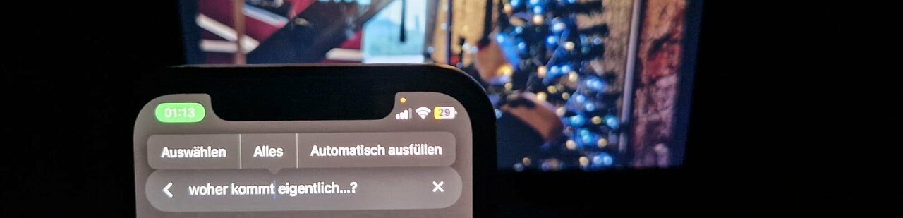 Auf dem Bild sieht man ein Weihnachtsbild im Hintegrund. Vorne sieht man ein Handy, welches bei Google nach Weihnachtsmythen sucht Woher kommen Weihnachtsmythen? (Foto: Asya Nur Kahraman)