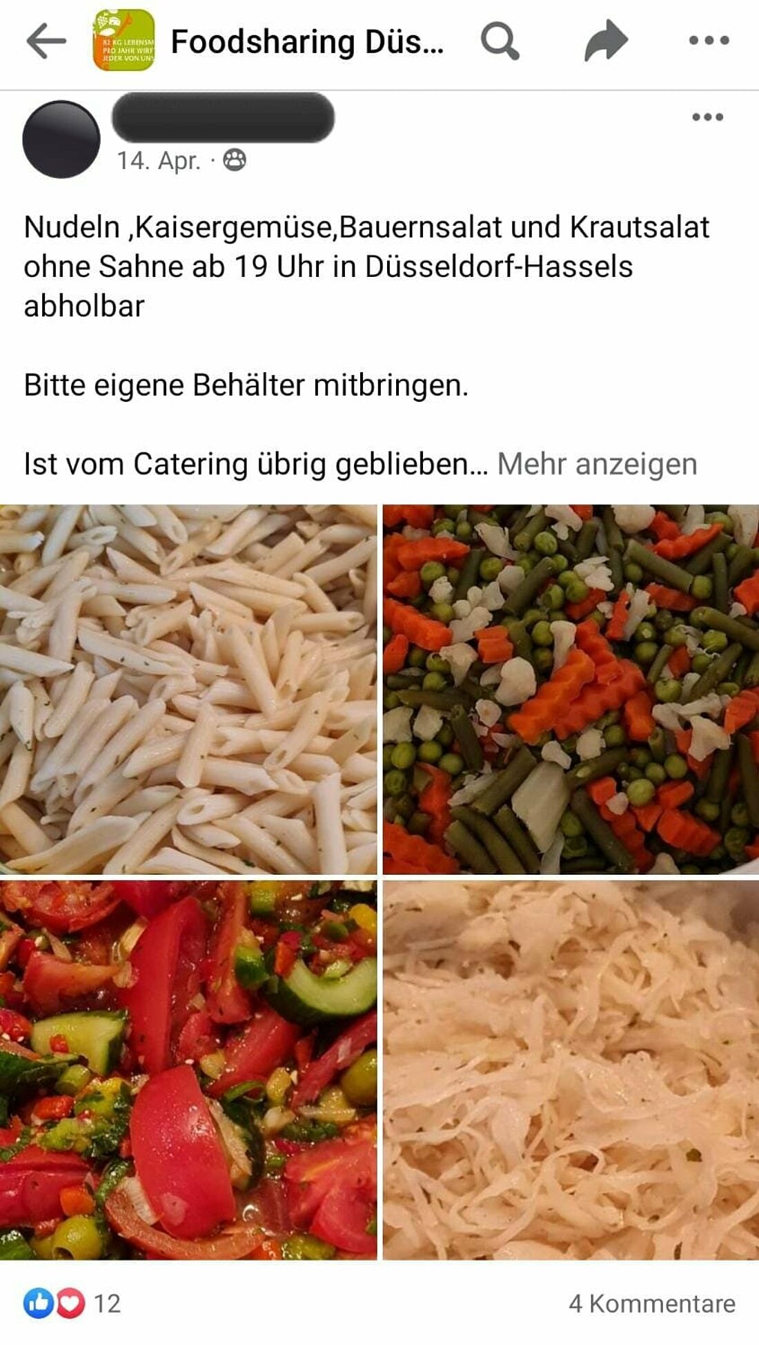 Man sieht einen Screenshot aus der Facebook-Gruppe „Foodsharing Düsseldorf“. Jemand hat Reste eines Caterings zur Abholung angeboten mit einem Foto von Nudeln, Gemüse und Salat.