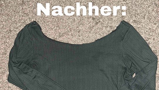 Auf dem Bild sieht man das Nachher Bild von dem Recycelte T-Shirt, das jetzt als Offshoulder Shirt getraen werden kann (Foto: Lena Sorgalla)