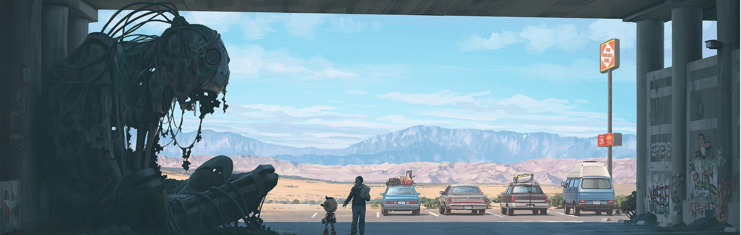 Man sieht ein Mädchen und einen kleinen Roboter, die neben einem großen Roboter stehen