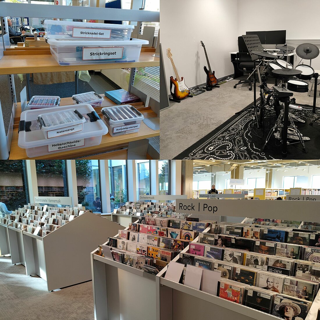 Zu sehen sind Inhalte der Bibliothek der Dinge, das Musikstudio und die Musiksammlung in der Zentralbibliothek Düsseldorf.