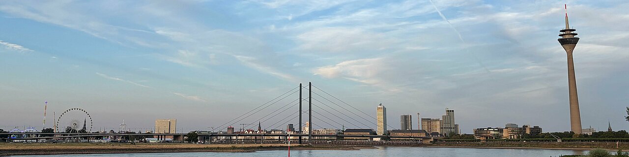 Auf dem Foto sieht man die Düsseldorfer Skyline vom Paradiesstrand aus. Der Himmel ist blau und auf dem Sand sitzen ein paar Menschen.