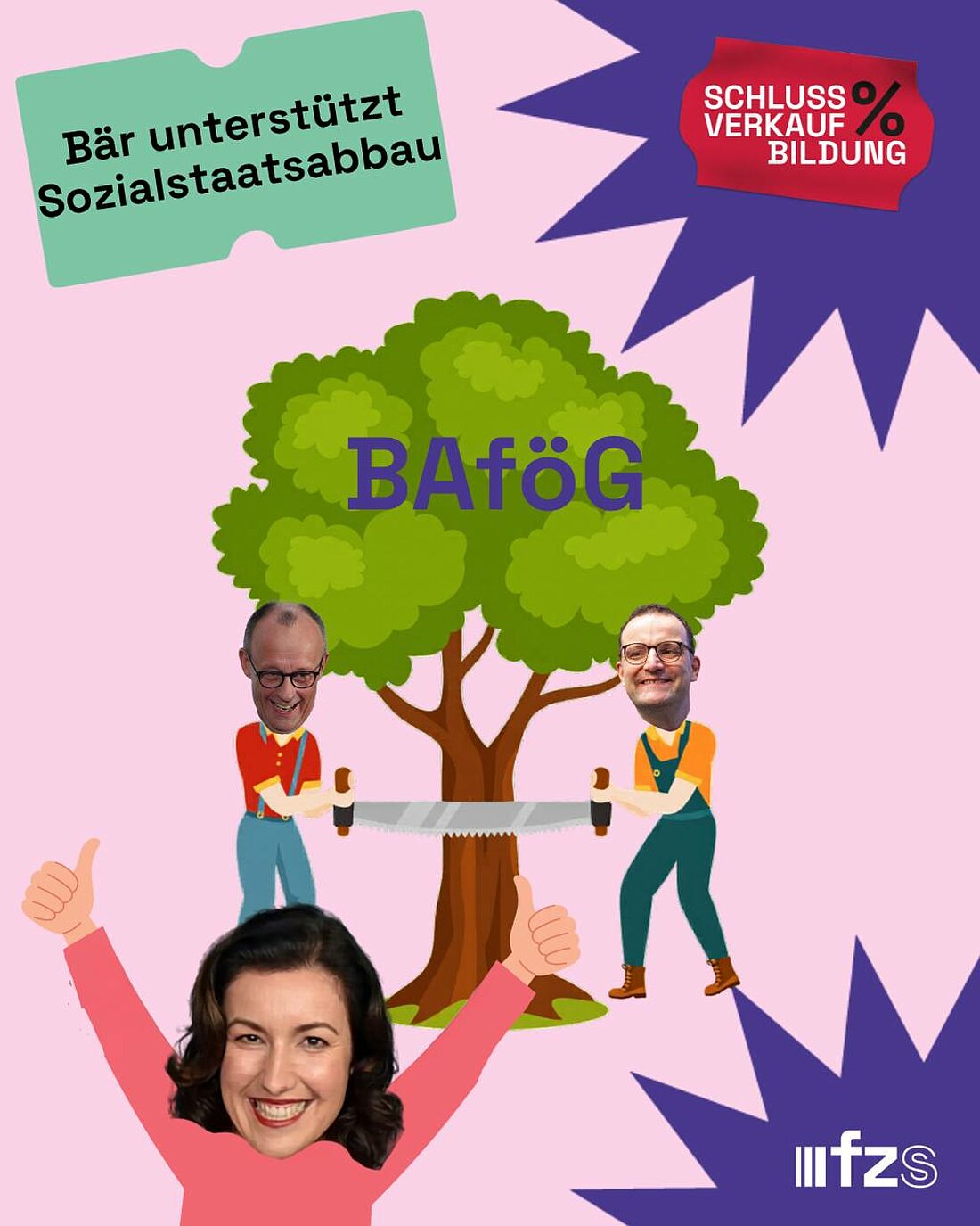 Das Bild zeigt ein Plakat des fzs, in dem Dorothee Bär vor dem "BAföG-Baum" jubelt, der von Jens Spahn und Friedrich Merz abgesägt wird