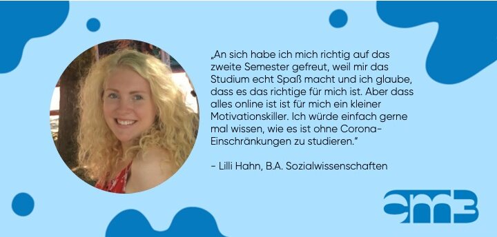 Man sieht ein Foto und ein Zitat zum Sommersemester 2021 von Lilli Hahn. 