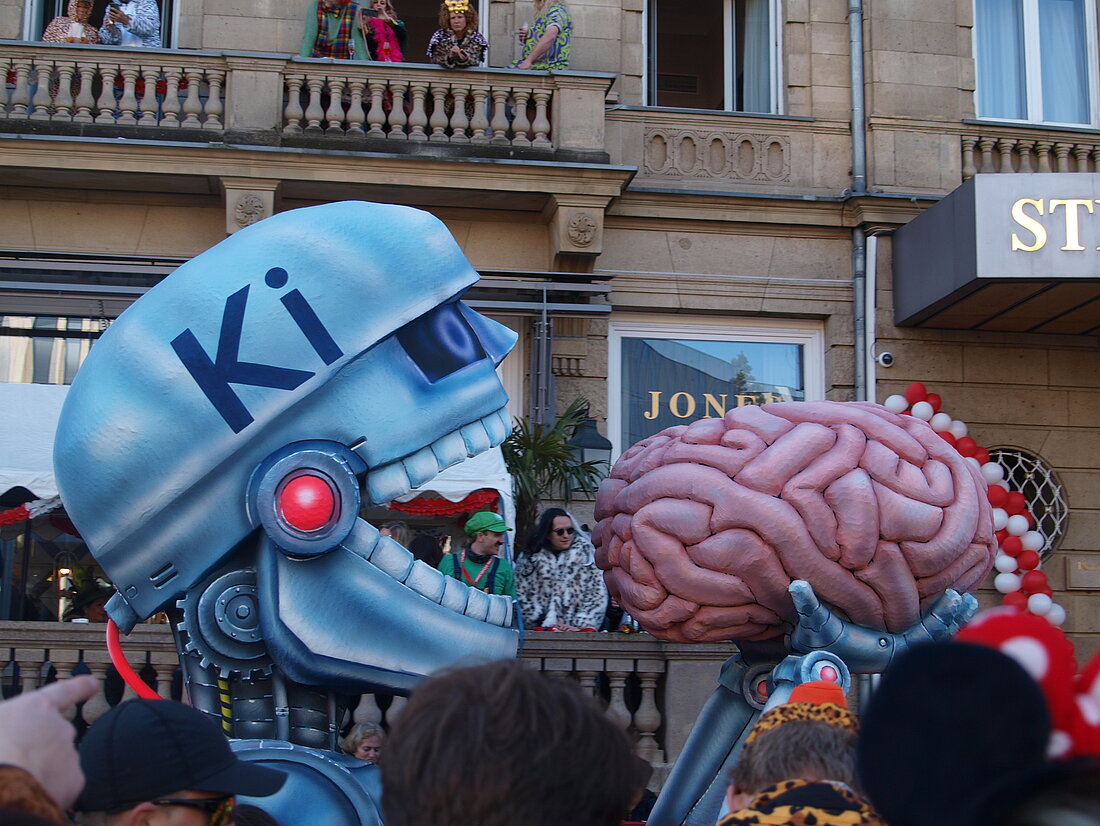 Ein Roboter Kopf auf welchem Ki steht isst ein Gehirn.