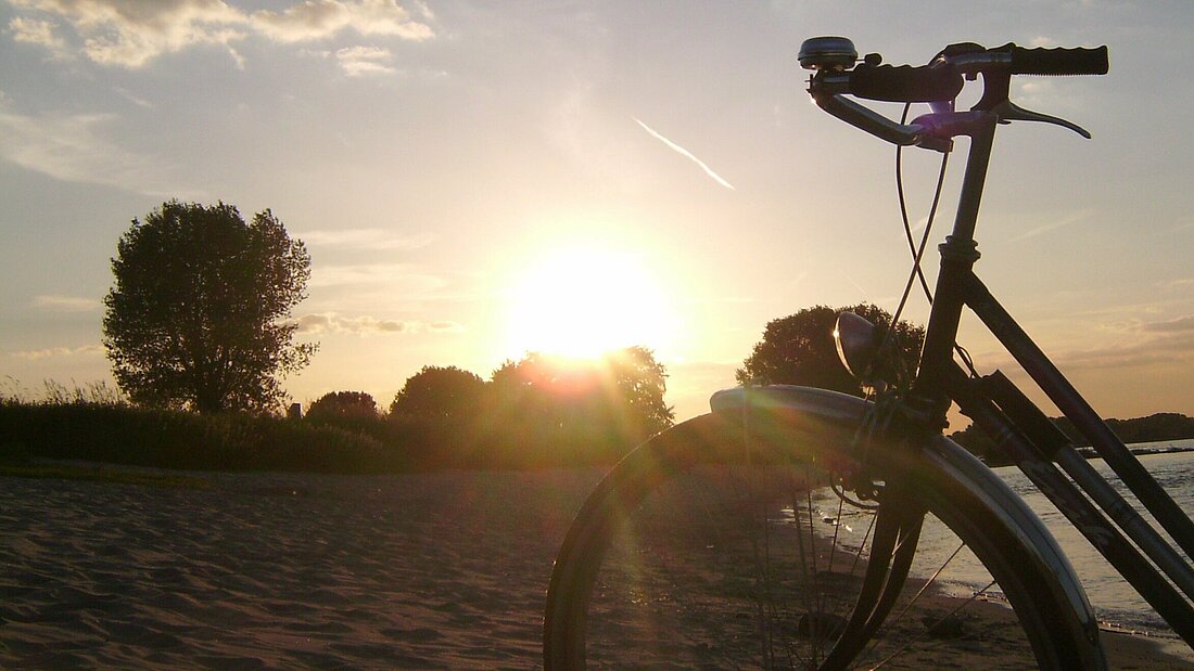 Man sieht ein Fahrrad am Rheinstrand und im Hintergrund geht die Sonne unter. (Foto:Karina Schwarzer)