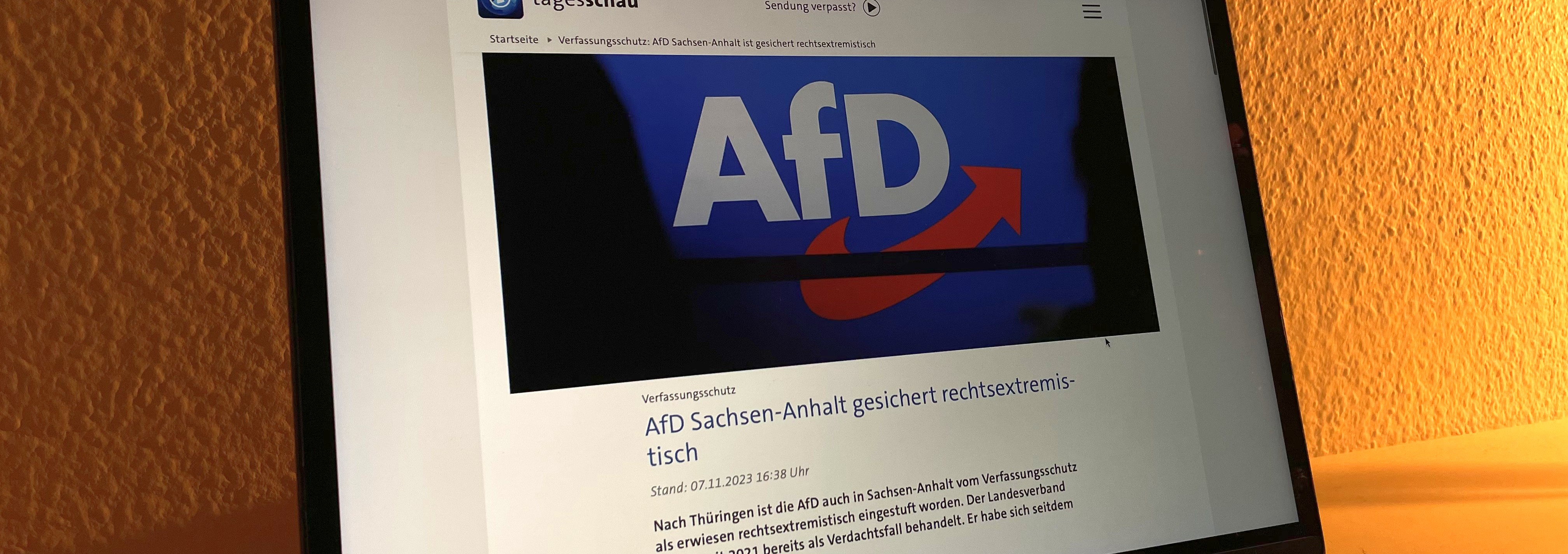 Man sieht eine Meldung. In der steht, dass die AfD in Sachen-Anhalt als rechtsextremistisch gilt.