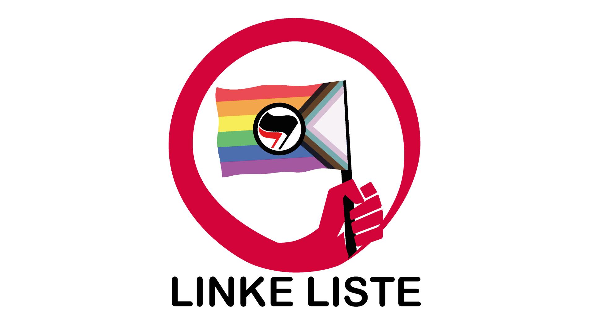 Auf einer LGBTQI-Fahne ist eine kleinere Antifa-Fahne zusehen, die von einer roten Hand umkreist wird.